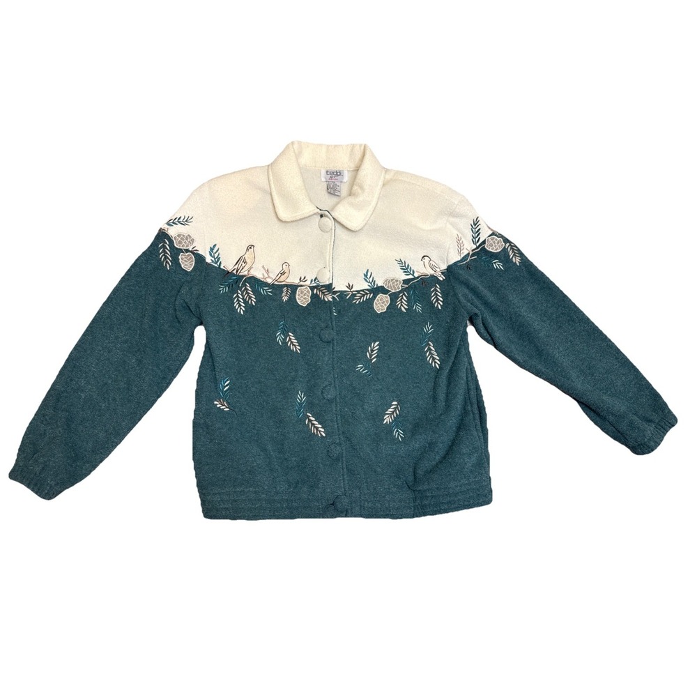 Vtg‎ Teddi Color Block Birds Green White Cardigan Grandma Sweater Embroidered PL
